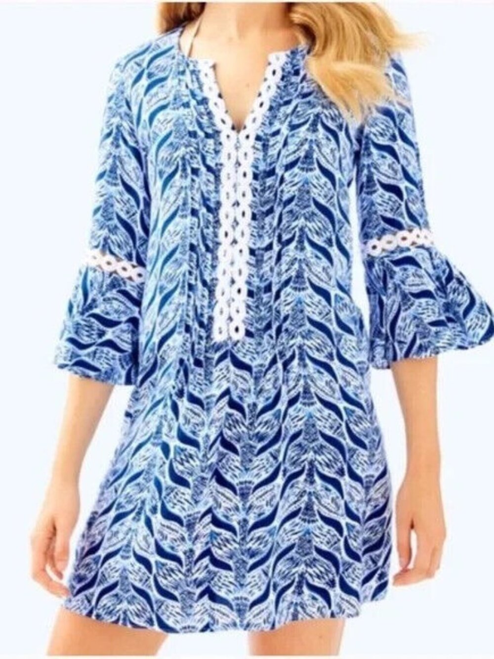 Lilly Pulitzer Hollie Tunic Dress Blue White Mermaids Tail Lace Detail Size XL